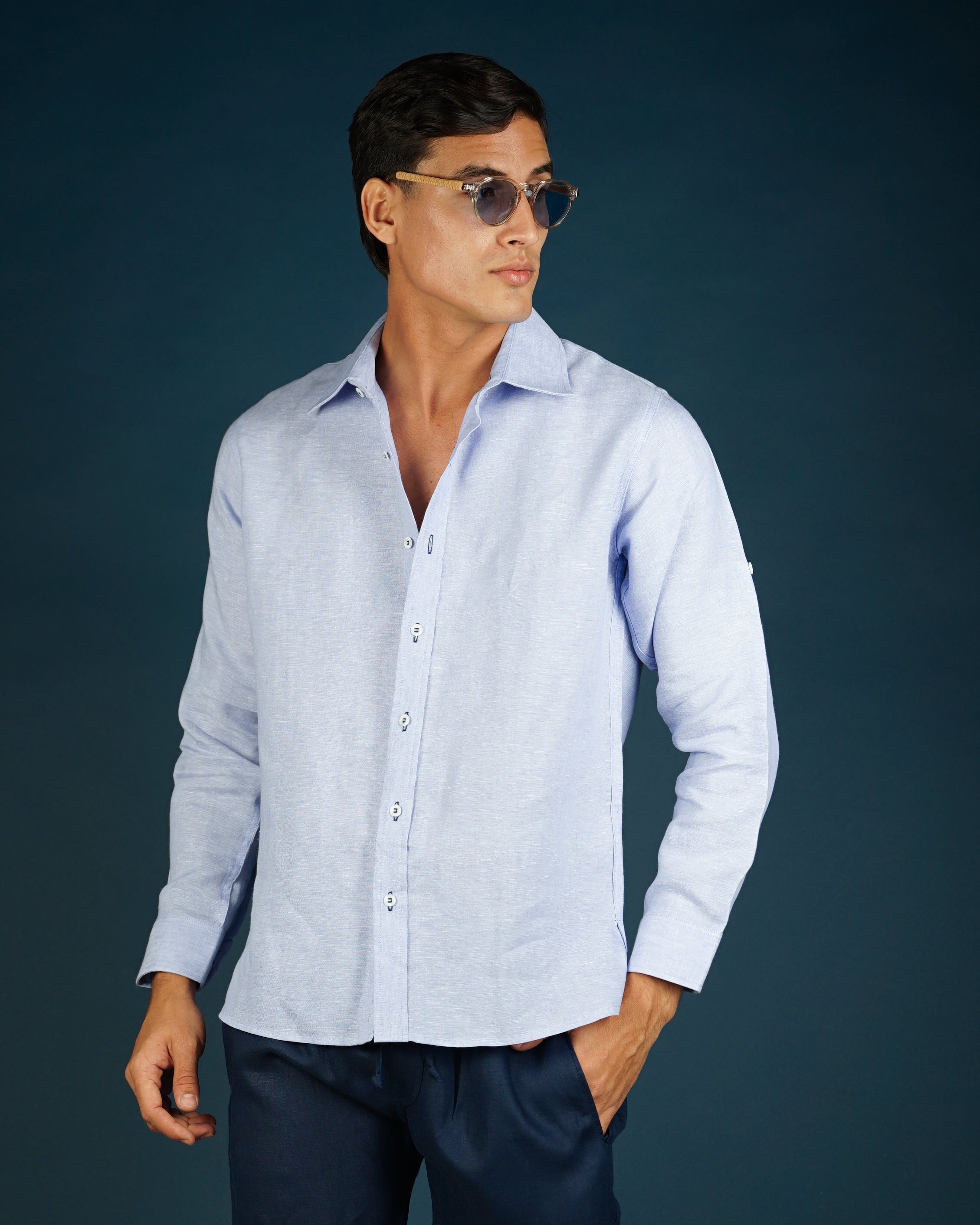 MALLORCA Linen Shirt - Azul Cielo/Navy Blue - CRASQI