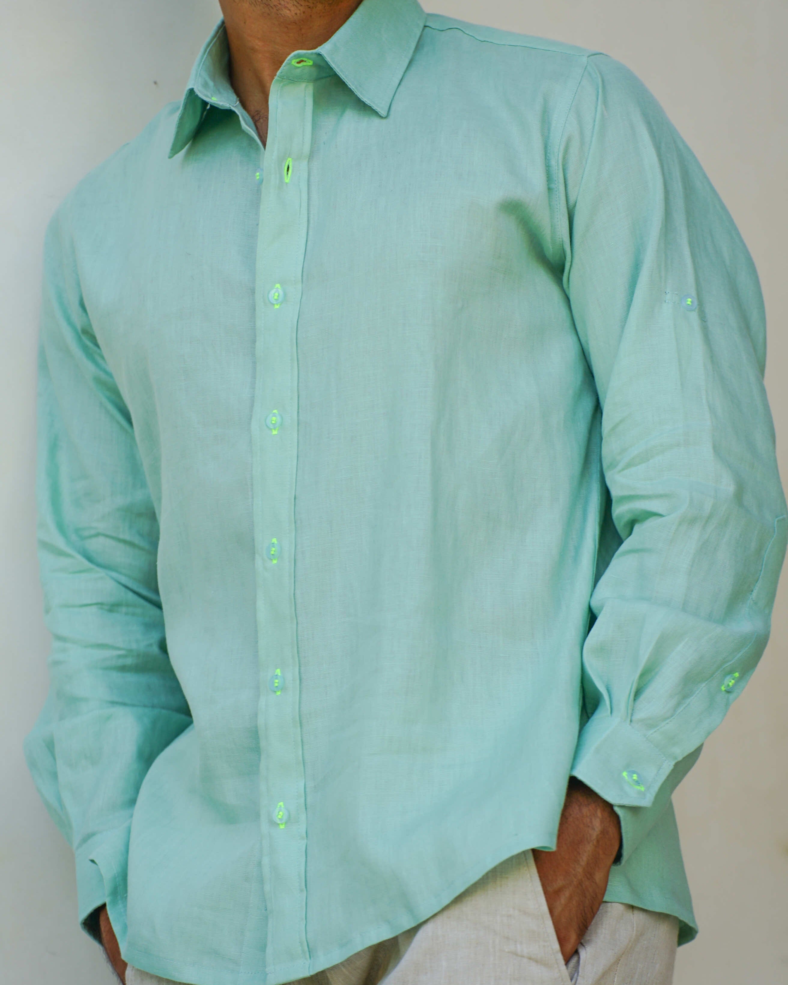 MALLORCA Linen Shirt - Light Green/Dark Jade - CRASQI
