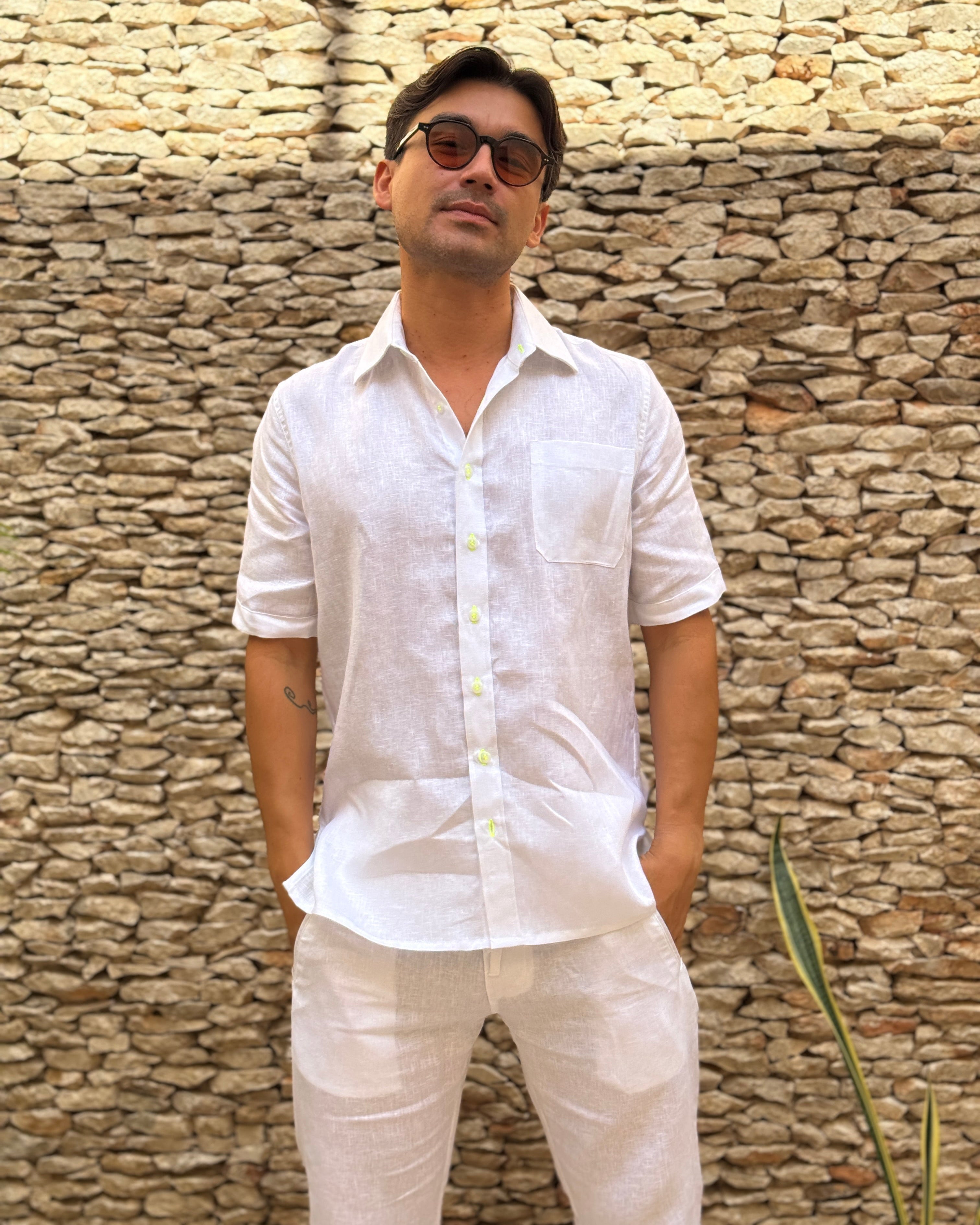 MARBELLA Linen Shirt - White/NEON YELLOW - CRASQI