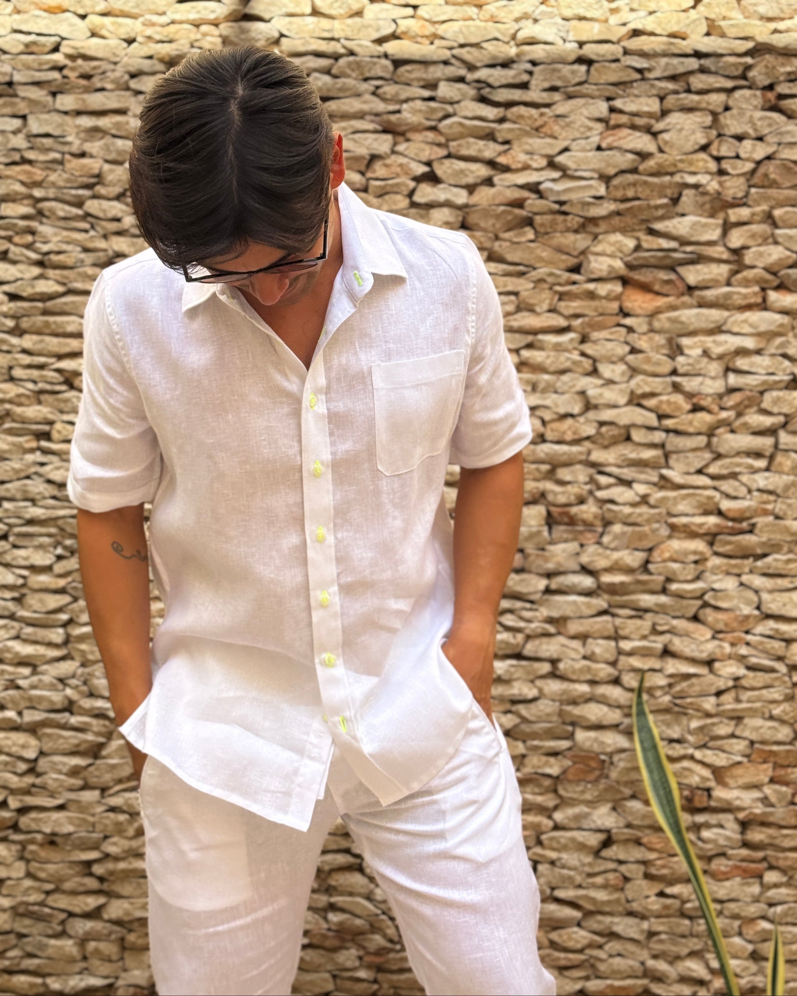 MARBELLA Linen Shirt - White/NEON YELLOW - CRASQI