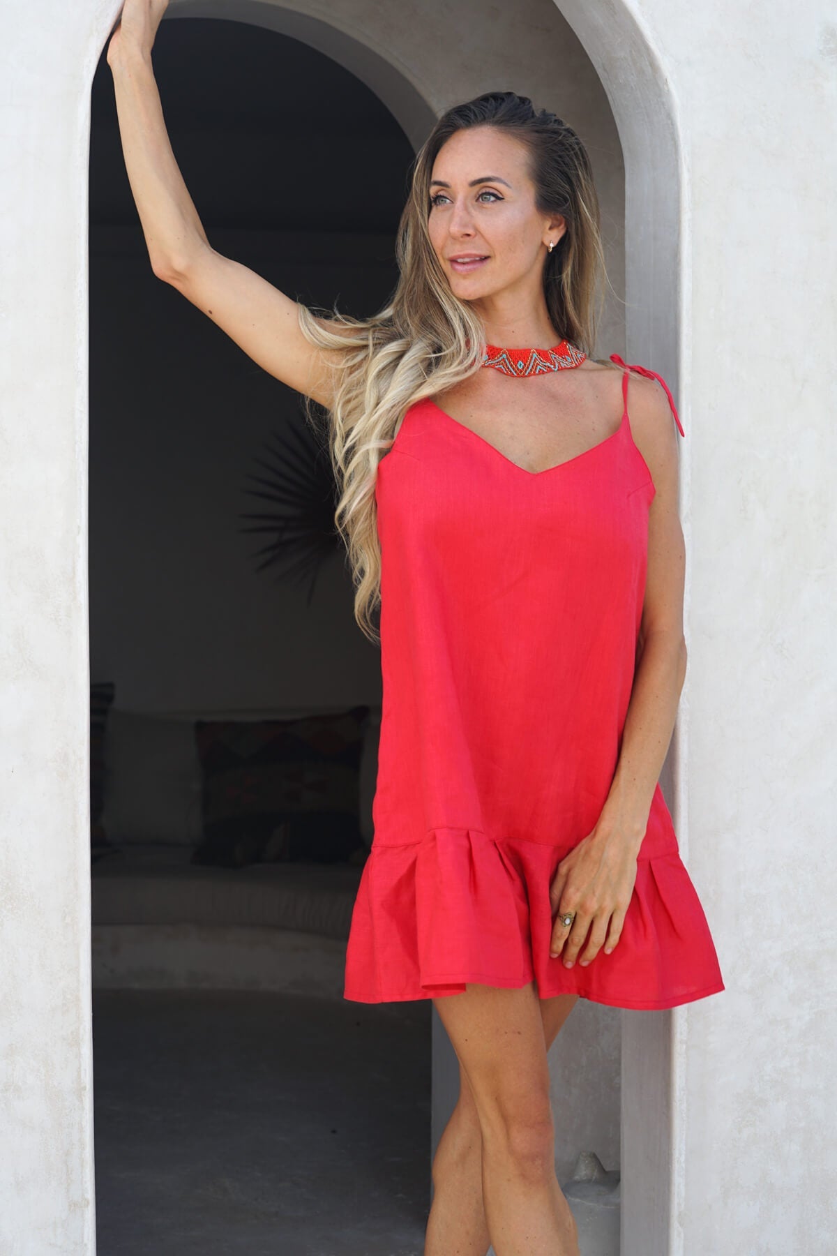 BORA-BORA Linen Dress - Red - CRASQI