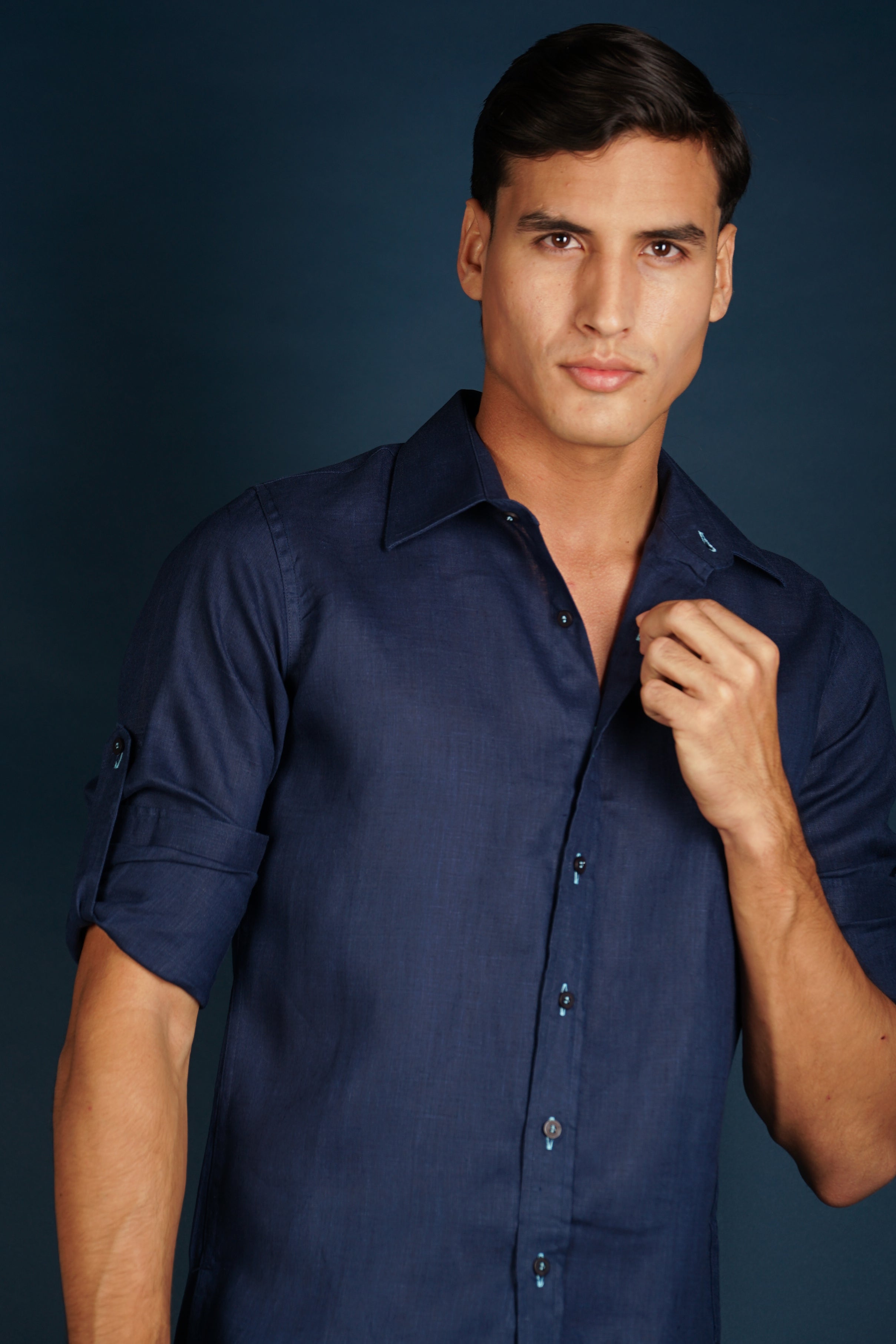 MALLORCA Linen Shirt - Navy Blue/Turquoise - CRASQI