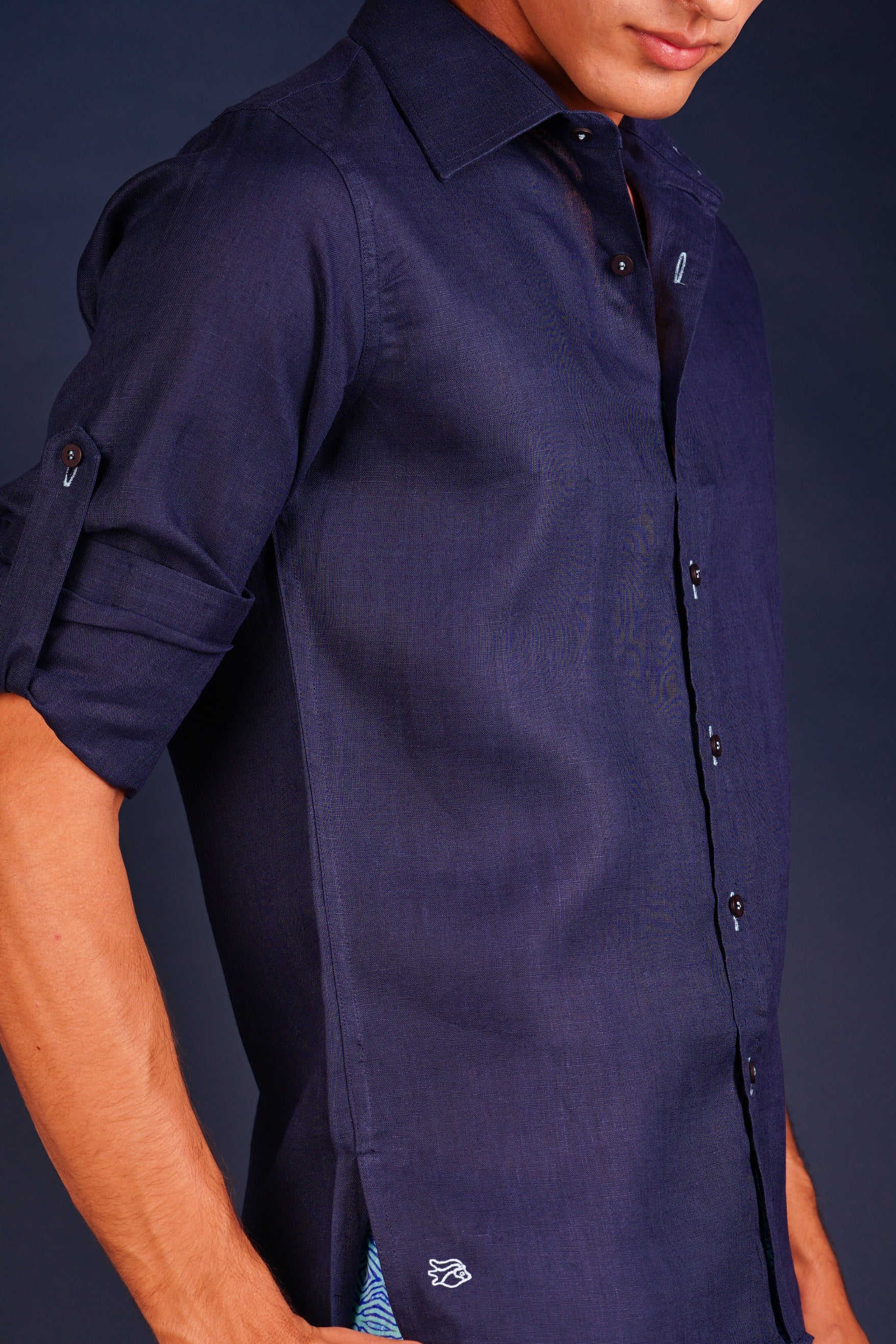 MALLORCA Linen Shirt - Navy Blue/Turquoise - CRASQI