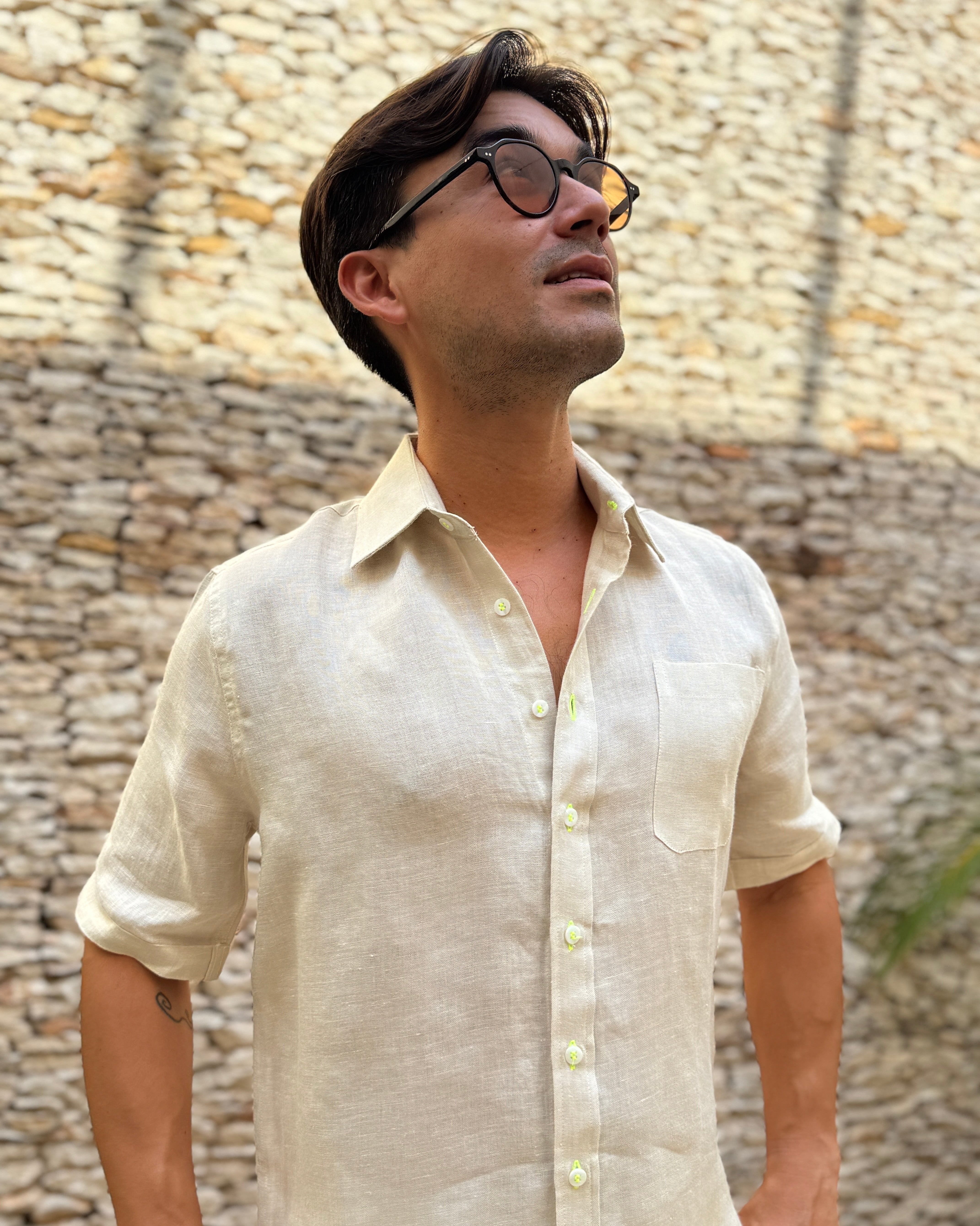 MARBELLA Linen Shirt - Sand/Neon Yellow - CRASQI