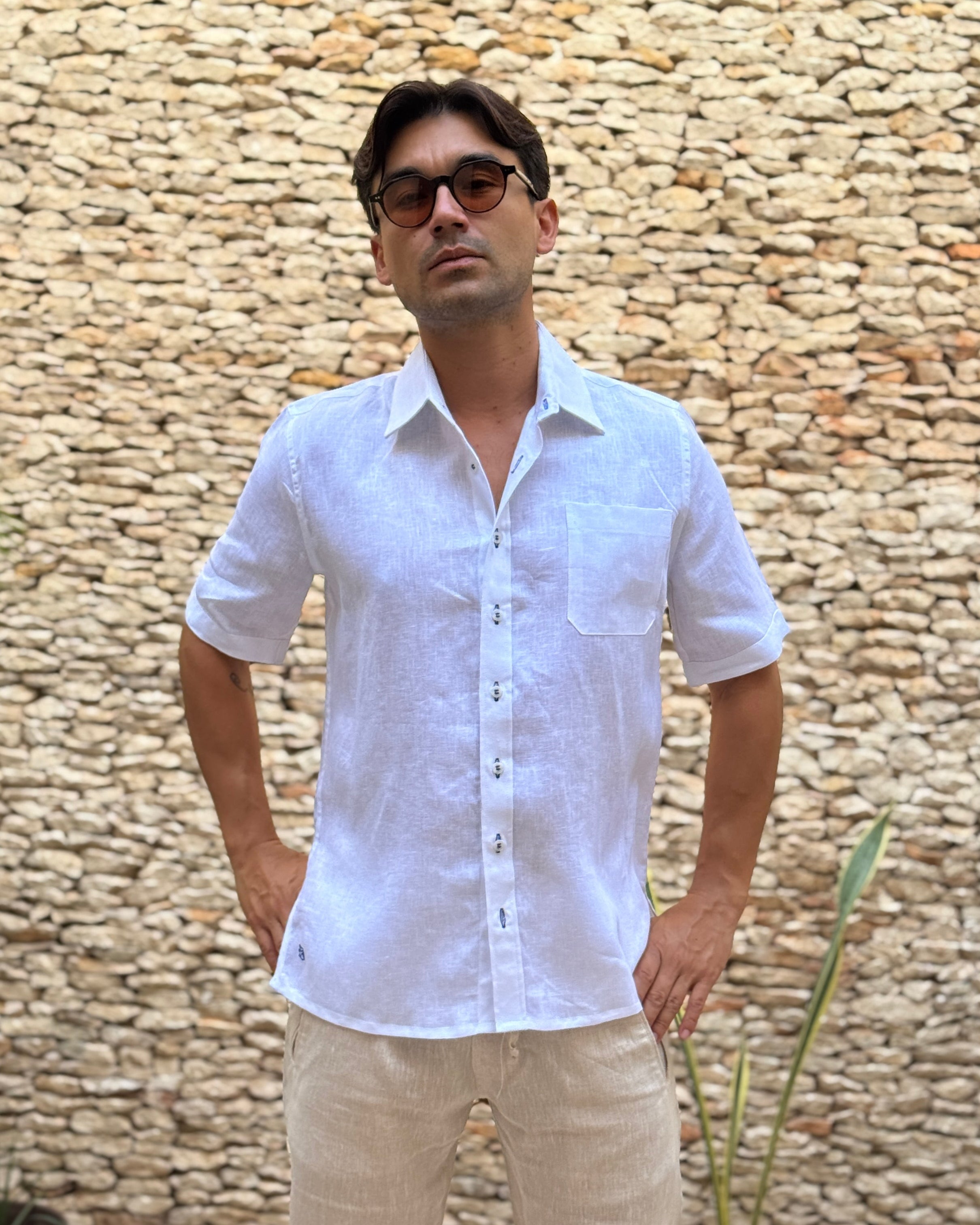 MARBELLA Linen Shirt - White/Royal Blue - CRASQI