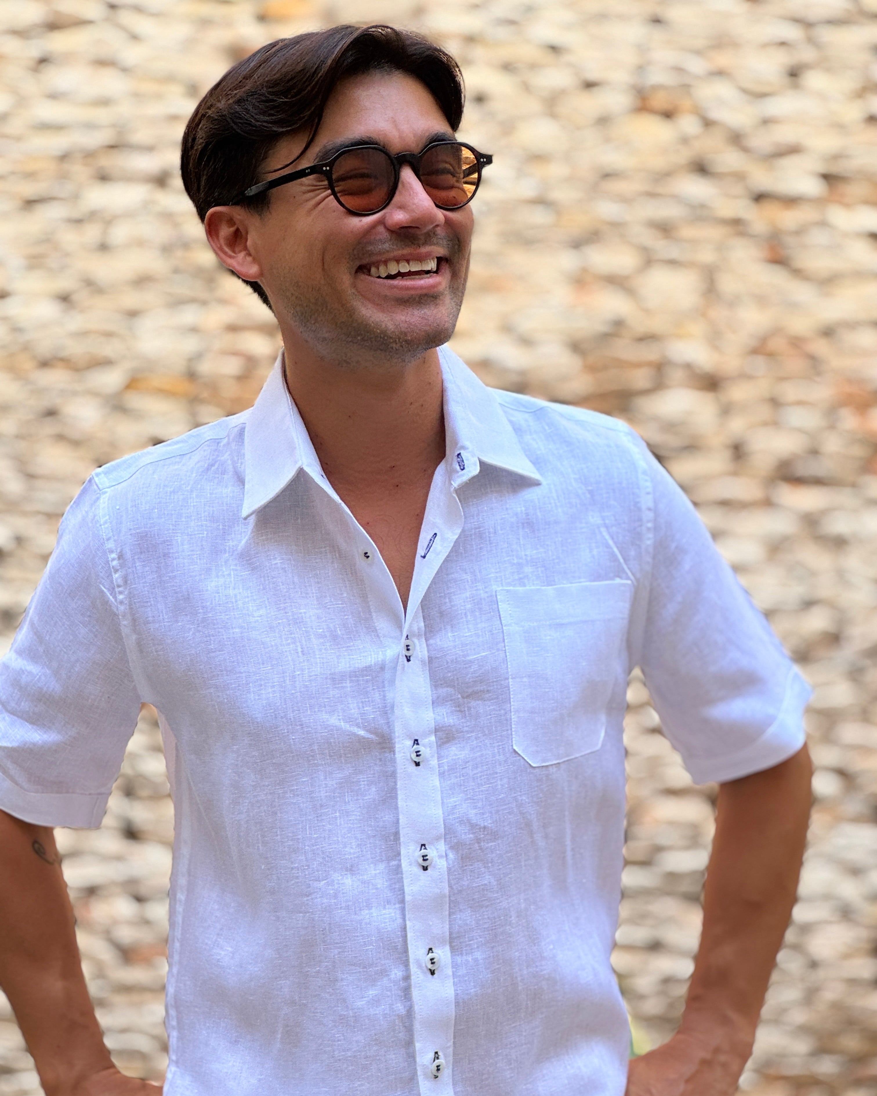 MARBELLA Linen Shirt - White/Royal Blue - CRASQI