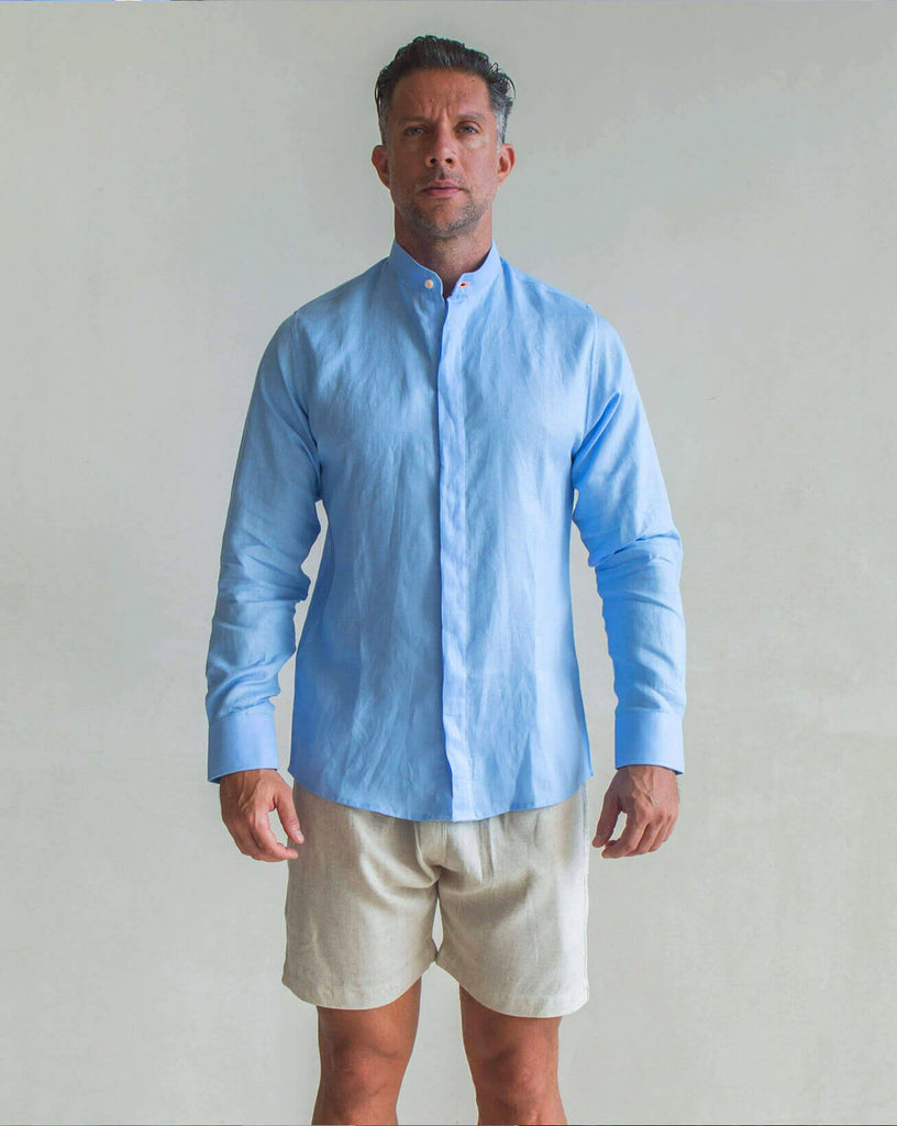 MENORCA Linen Shirt - Blue Sky/Neon Orange - CRASQI